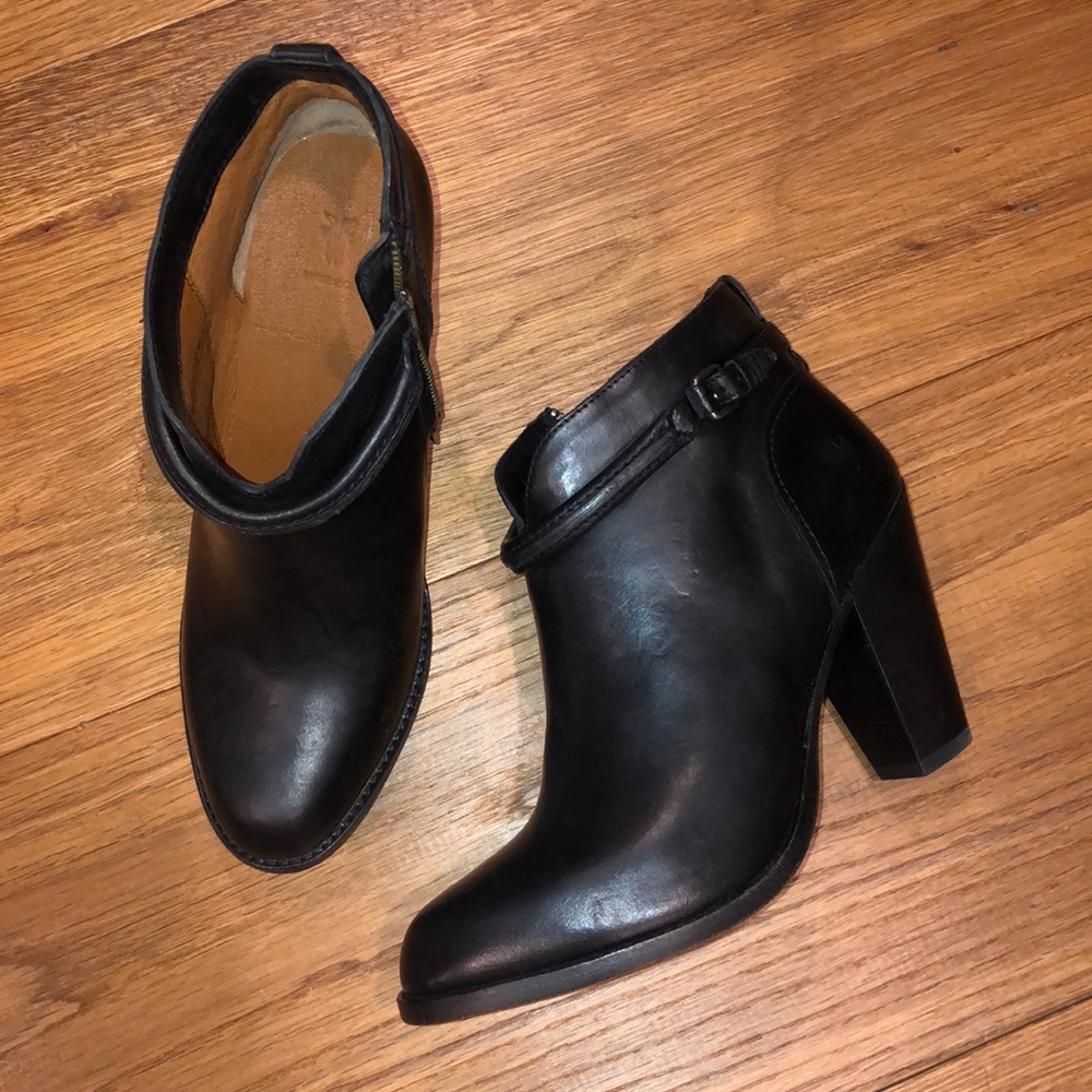 Black Frye Booties with Silver Buckle and Zipper